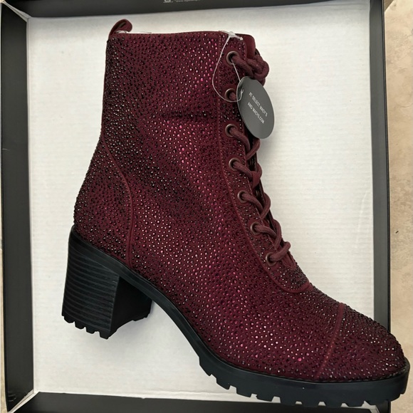 INC International Concepts Shoes - INC “Samira” maroon/burgundy rhinestone / crystal-like heel zip boots.